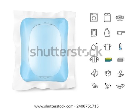 Laundry gel capsule pod for washing machine with set icons. Vector illustration isolated on white background.  Ready for your design. EPS10. Royalty-Free Stock Photo #2408751715