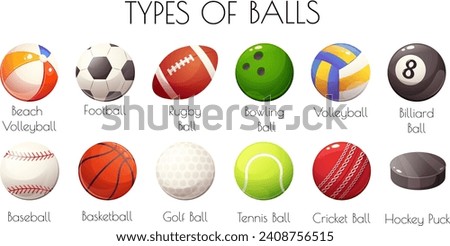 Information poster about types of balls for sports games. Educational poster for children. Vector illustration in cartoon style