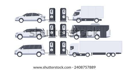 Electric vehicles. Electric cars fleet charging on parking lot with charger stations. Set of electric vehicles: bus, truck, van, business vehicles. Royalty-Free Stock Photo #2408757889