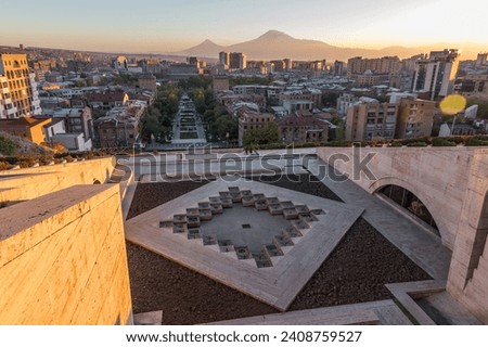 Stunning view of Mount Ararat, Cascade stairs and the city of Yerevan. Beautiful sunset in Armenia Royalty-Free Stock Photo #2408759527