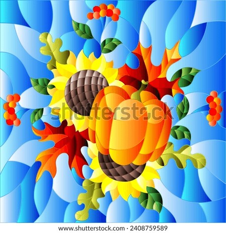 Illustration in stained glass style with autumn composition, bright leaves,flowers and pumpkin on blue background, rectangular image