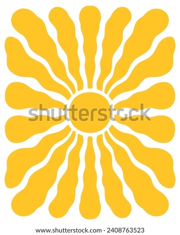 Retro Groovy Sun Background. Abstract Wave Ray Pattern in Trendy 70s Style. Boho Colorful Groovy Sun Psychedelic Vintage Background. Graphic Fun Hippie Poster. Abstract Summer Wallpaper.