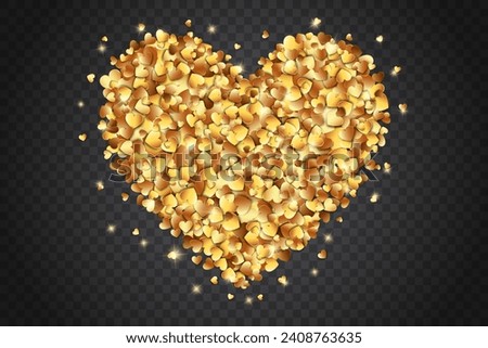 Heart frame from gold confetti on a transparent background. Heart confetti for Women's Day. Design element for Valentine’s Day, wedding and birthday poster, flyer, greeting card, banner.
