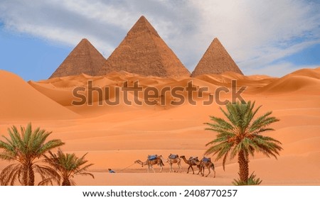 Camels in Giza Pyramid Complex - A woman in a red turban riding a camel across the thin sand dunes - Cairo, Egypt Royalty-Free Stock Photo #2408770257