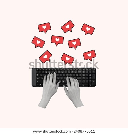 Contemporary art collage of hands, keyboard and social media like icons. Concept of social media addiction, popularity, influence. Modern design. Copy space.
