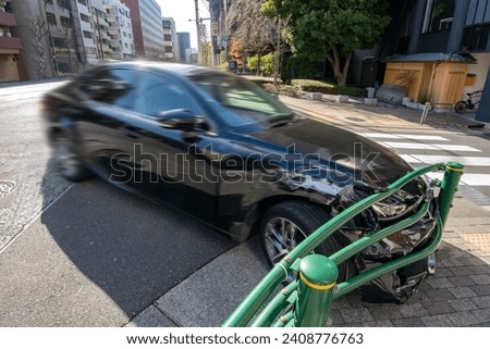 Accident vehicle that hit the guardrail Royalty-Free Stock Photo #2408776763