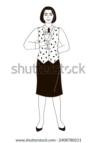 female bartender serving cocktail black and white outline vector illustration