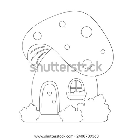 Coloring page with magic mushroom house. Tiny home for gnome or elf. Black and white game for kids. Children education or fairy tale theme. Cartoon isolated vector illustration.