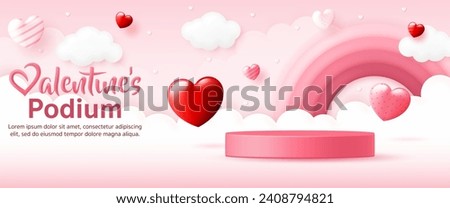 3D Valentine product display cylinder stand podium banner. heart shape, sweet rainbow on pink background for Happy Valentine's day, social media template, discount sale promotion, voucher, post Royalty-Free Stock Photo #2408794821