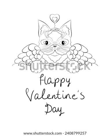 Coloring page with a cute cat for Valentine's Day, a cat with wings contour.