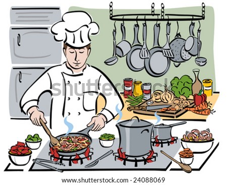 Vector illustration of a professional chef sauteing shrimp with pasta and vegetables in a restaurant kitchen.