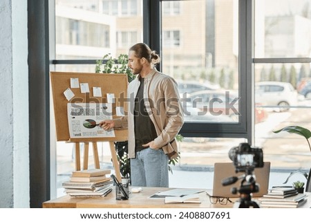 businessman pointing at flip chart with graphs and creating commercial video content in office