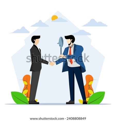 concept of dishonest or false agreement, deception or suspicion, betrayal, hidden threat ready to stab in the back. businessman shaking hands with one of the masks to hide his true thoughts. Royalty-Free Stock Photo #2408808849