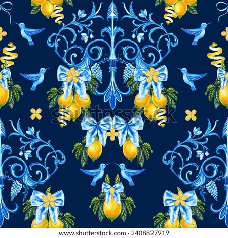 Traditional Italian ornament and branches of lemons watercolor seamless pattern. Sicilian summer print with hummingbirds and bows. Mediterranean print for fabric and wallpaper. Ctrus and majolica