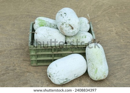 Ash gourd or Wax gourd in a basket close-up view  Royalty-Free Stock Photo #2408834397
