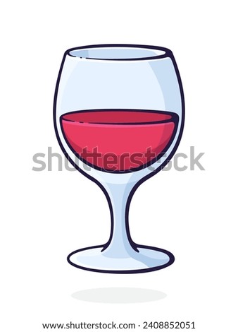 A glass of red wine. Glass goblet of alcohol drink. Vector illustration. Hand drawn cartoon clip art with outline. Isolated on white background
