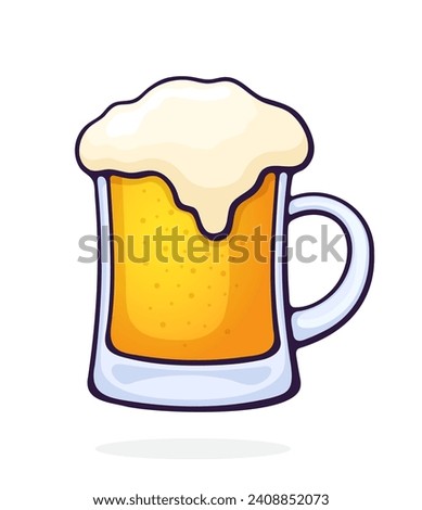 A mug of beer with foam. Glass of alcohol drink. Vector illustration. Hand drawn cartoon clip art with outline. Isolated on white background