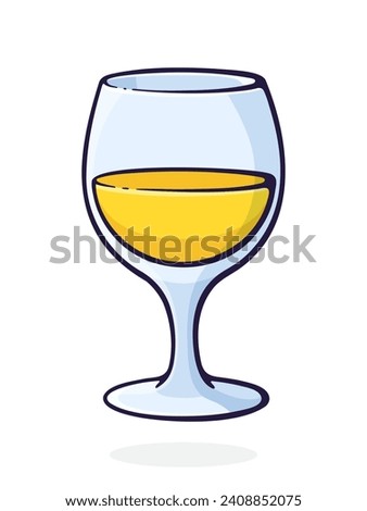 A glass of white wine. Glass goblet of alcohol drink. Vector illustration. Hand drawn cartoon clip art with outline. Isolated on white background