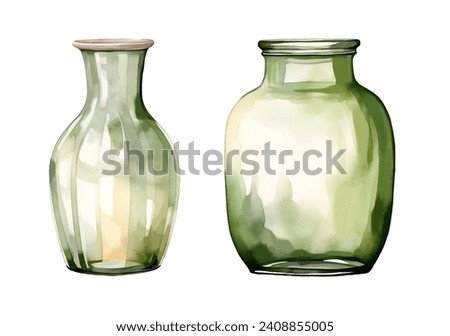 Watercolor green glass vase. Illustration clipart isolated on white background.