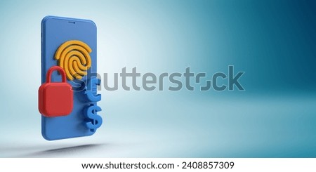 USD and EUR symbol on mobile phone screen with security fingerprint padlock, blue background. Minimalist 3D render design, copy space. Forex, stock market, online banking concept. SHOTLISTbanking.