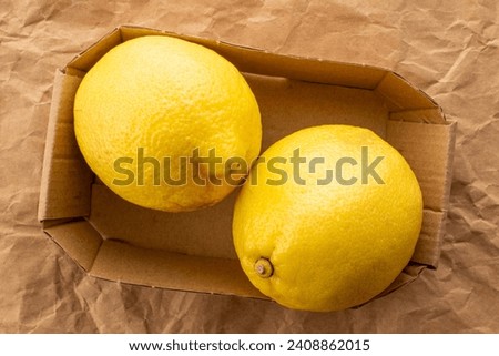 Two yellow ripe lemons in a paper plate on craft paper, close-up, top view.	
