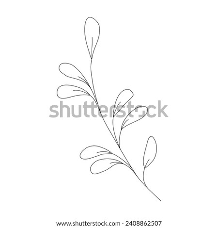 Abstract twig with leaves. Hand drawn illustration. Minimalist doodle style icon. Outline template for greeting card, simple logotype, cute decorations, invitations, cosmetic designs, gifts. Eps. Royalty-Free Stock Photo #2408862507