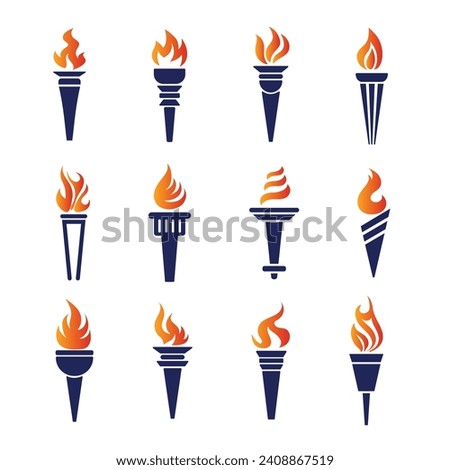 Torch vector icon set illustration design template. Symbol of victory, success or achievement. silhouettes of various medieval flaming torches.