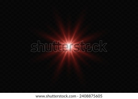 Explosion of red glowing flare on a transparent background. The effect of flashing rays and twinkling stars.
