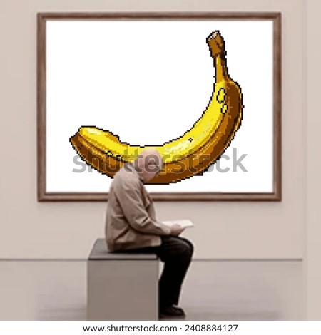 a man sitting on bench museum front of pixel art banana