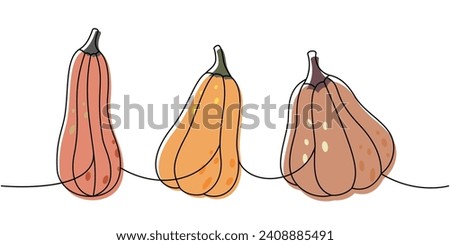 Autumn pumpkins. Pumpkins one line colored continuous drawing. Autumn halloween vegetables continuous one line illustration. Vector illustration.