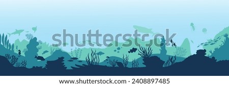 Underwater landscape with algae and fish silhouettes. Vector illustration Royalty-Free Stock Photo #2408897485