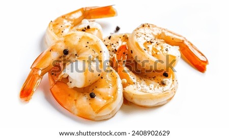 Garlic Shrimps isolated on white - A photography taken from above of garlic shrimps, isolated on white, showcasing the elegance and simplicity of this classic seafood dish Royalty-Free Stock Photo #2408902629