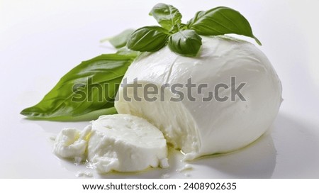 An exquisite ball of Mozzarella cheese, isolated on white, epitomizing the purity and simplicity of this beloved Italian cheese. Royalty-Free Stock Photo #2408902635