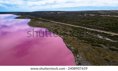 view of the banks of Hutt Lagoon Pink Lake in Western Australia, near Kalbarri. Clouds reflected on lake surface, Indian Ocean visible in background with blue sky and few clouds. Royalty-Free Stock Photo #2408907659