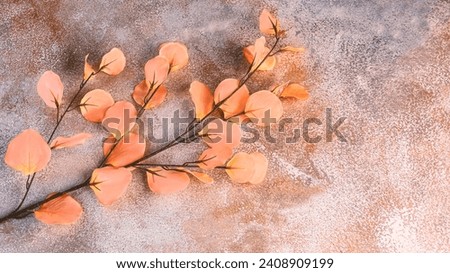 A branch of artificial flowers in the color of the year 2024 Peach Fuzz on a concrete background. Spring composition in peach tones. Royalty-Free Stock Photo #2408909199