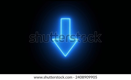 Neon arrow symbol icon. Black Background with arrow direction down.  Directional sign. Flashing neon icon to the download arrow. neon arrow sign