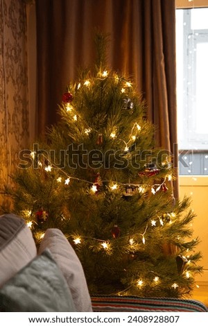 
Christmas tree in a cozy home. cozy Christmas.real tree.festive atmosphere in the house.waiting for the holiday.Christmas holidays.feet in socks.New Year's background.Christmas tree.
garland