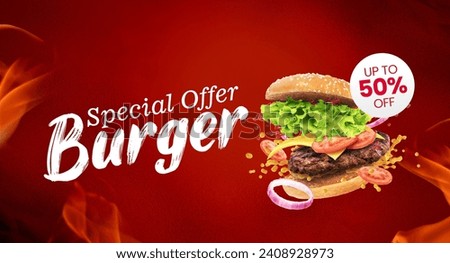 Burger special discount banner with blank space for text. Burger banner Royalty-Free Stock Photo #2408928973