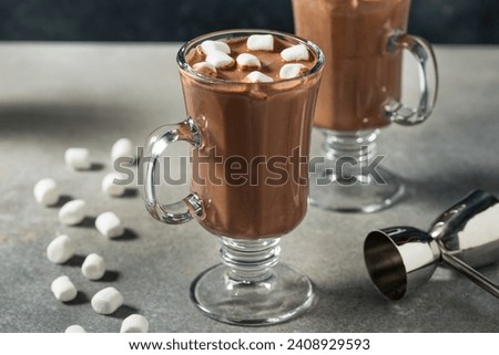 Warm Boozy Hot Cocoa Chocolate in a Mug with Marshmallows