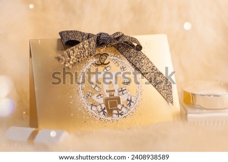A beauty gift bag on a cozy beige background