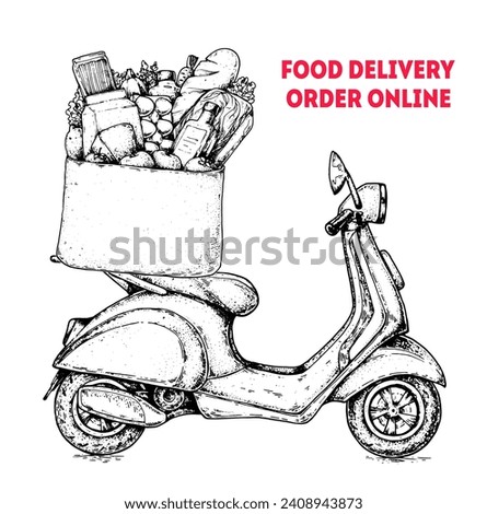 Delivery scooter hand drawn sketch. Organic food delivery. Vector illustration. Logistics and delivery scooter. Fast delivery of fresh vegetables, fruits, bred, eggs, milk, meat, cheese.