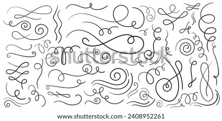 Flourishes, swirls, decorative elements vector collection. Sketch doodle. Fancy line flourish text typography accent, filigree modern curve ornament.