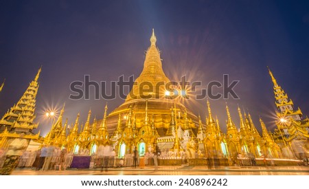 The Shwedagon pagoda under repairing at night in Yangon township of Myanmar. This pagoda is the most important place in Myanmar country.