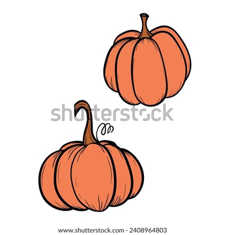 Vector hand drawn sketched pumpkin. Autumn illustration for holidays, Halloween. Various food items in doodle style.