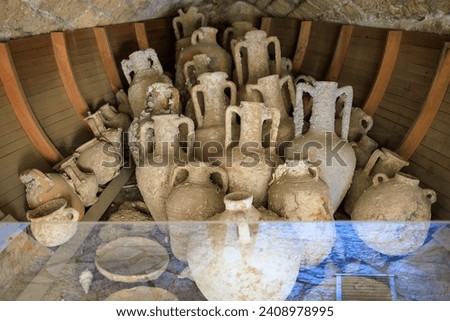 Antique clay vases. Background with selective focus and copy space for text.