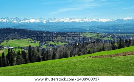 View of the snow-covered Tatra Mountains in Poland. Photo taken in spring from the slopes of Stare Wierchy in the Gorce Mountains.
