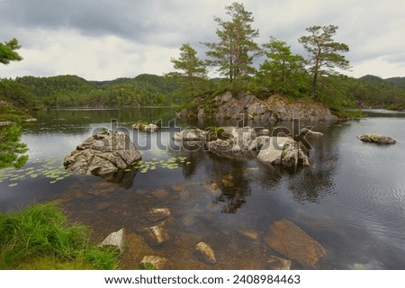 Scenic view of Lake Langavatnet, located on road 545 between Sagvåg and Fitjar in Norway.