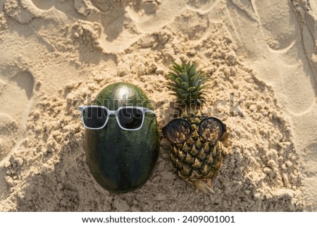 Fruit man made of pineapple and watermelon on the beach fruit tourism for health Funny and cute sunbathing fruits. Festive food. Summer travel concept. white background design invitation to visit