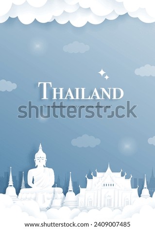 Paper Cut Style Of Thailand Landmark wit Buddha Statue and Temple, Vector Illustration