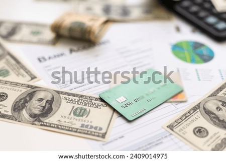 financial report balance sheet statement working with documents graphs. Concept picture of business, market, office, tax. money, credit card